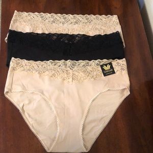 3 Wacoal size 7-L lace hipster panties. 2 beige and one black. 1 beige pair NWT